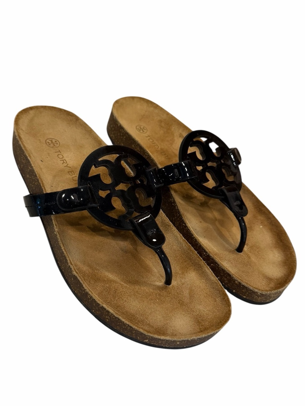 Tory Burch Miller Cloud Black Patent Leather Sandals Shoes Size 7